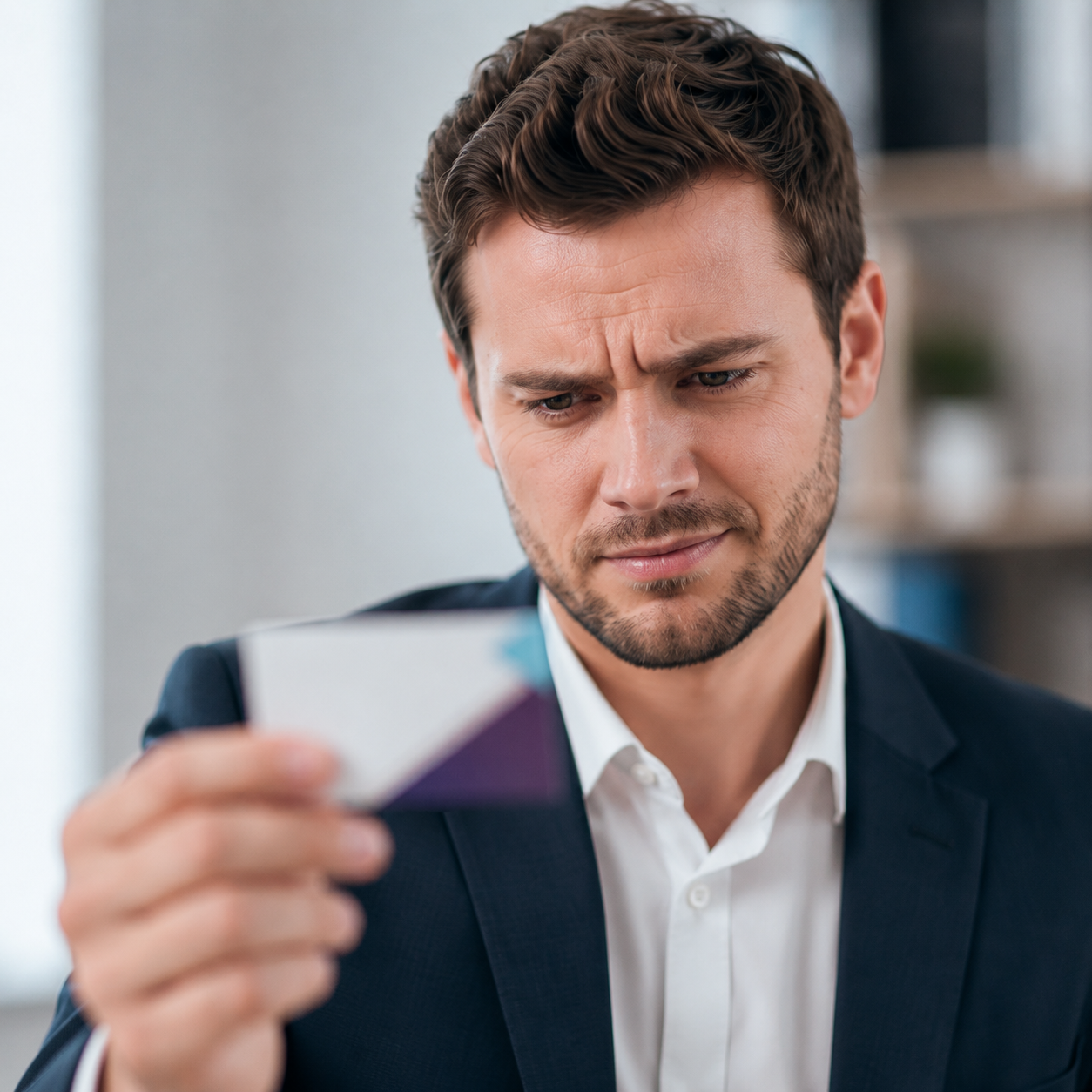 A businessman puzzling over a card he can't place