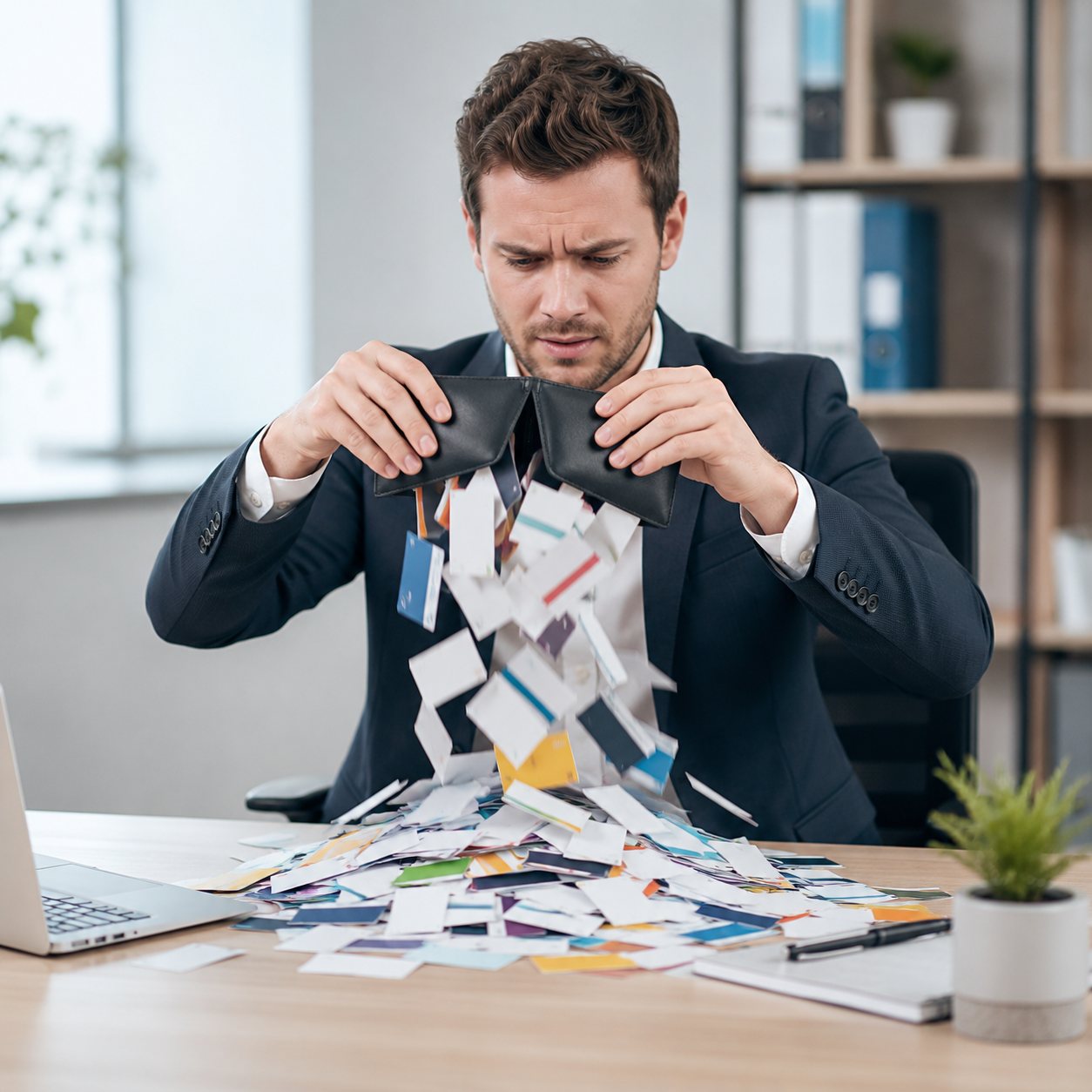 A wallet emptying a mess of business cards onto a desk